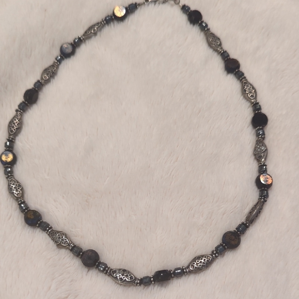 Celtic Motif Silver and Black Beaded Necklace